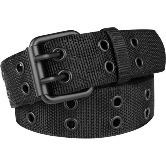 Plus Size Black Nylon Grommet Belt Double Prong Unisex Adjustable 71 Inch - Picture 1 of 7